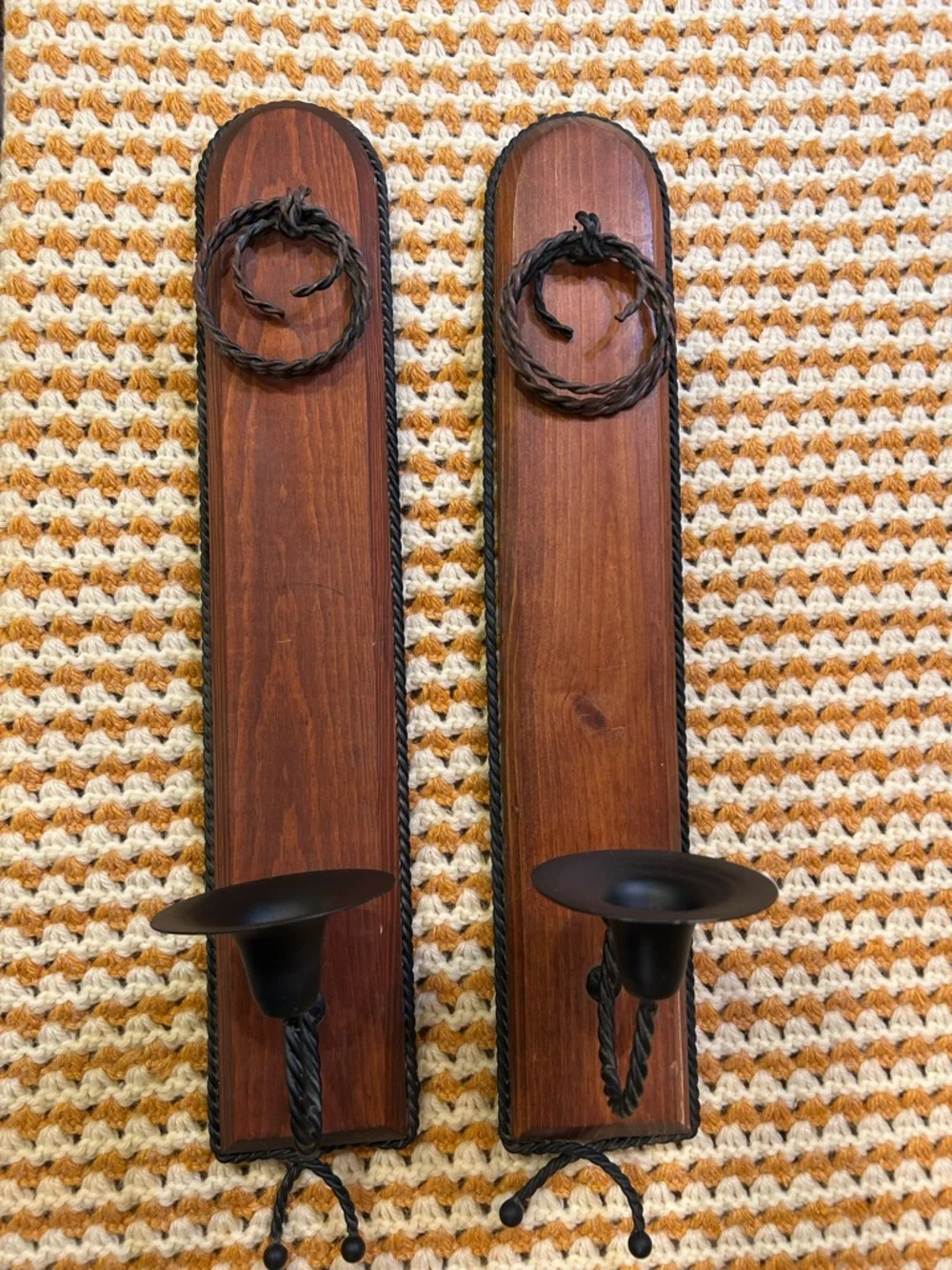 Wood Sconces 2 Piece Set. Rustic Farmhouse Black Wrought Iron Twisted 18.6